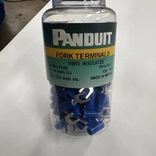 Panduit PV14-8F-C Fork Terminal, #8 Stud Size, 14 Awg, 600 V, Vinyl Insulated,