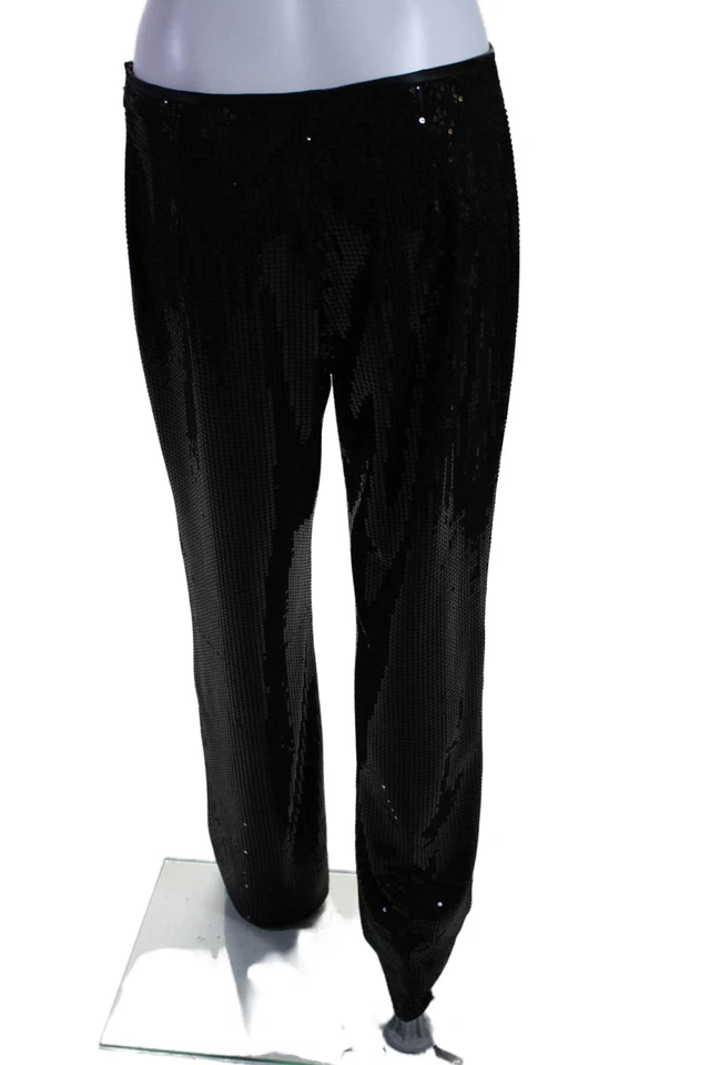 Pantalones Chetta B para mujer lentejuelas frente plano tiro medio cremallera lateral pantalones negros talla 4 Foto 4 de 4