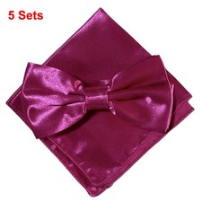 5 Sets Men Hot Pink Satin Bowtie Bow Tie Handkerchief Pocket Square Hanky Set