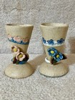 2 Mini Clay Sudio Art Pottery Bud Vases with Applied Flowers Pink and Blue