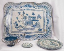 Blue Willow Child's Tea Set Tin Lithograph Ohio Art Toy 15 Piece Vintage As Is