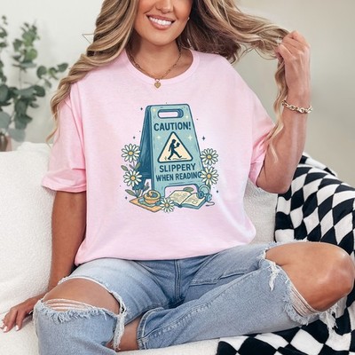 Vorsicht rutschig beim Lesen Damen ringgesponnen T-Shirt Bücherwurm Geschenk für Sie