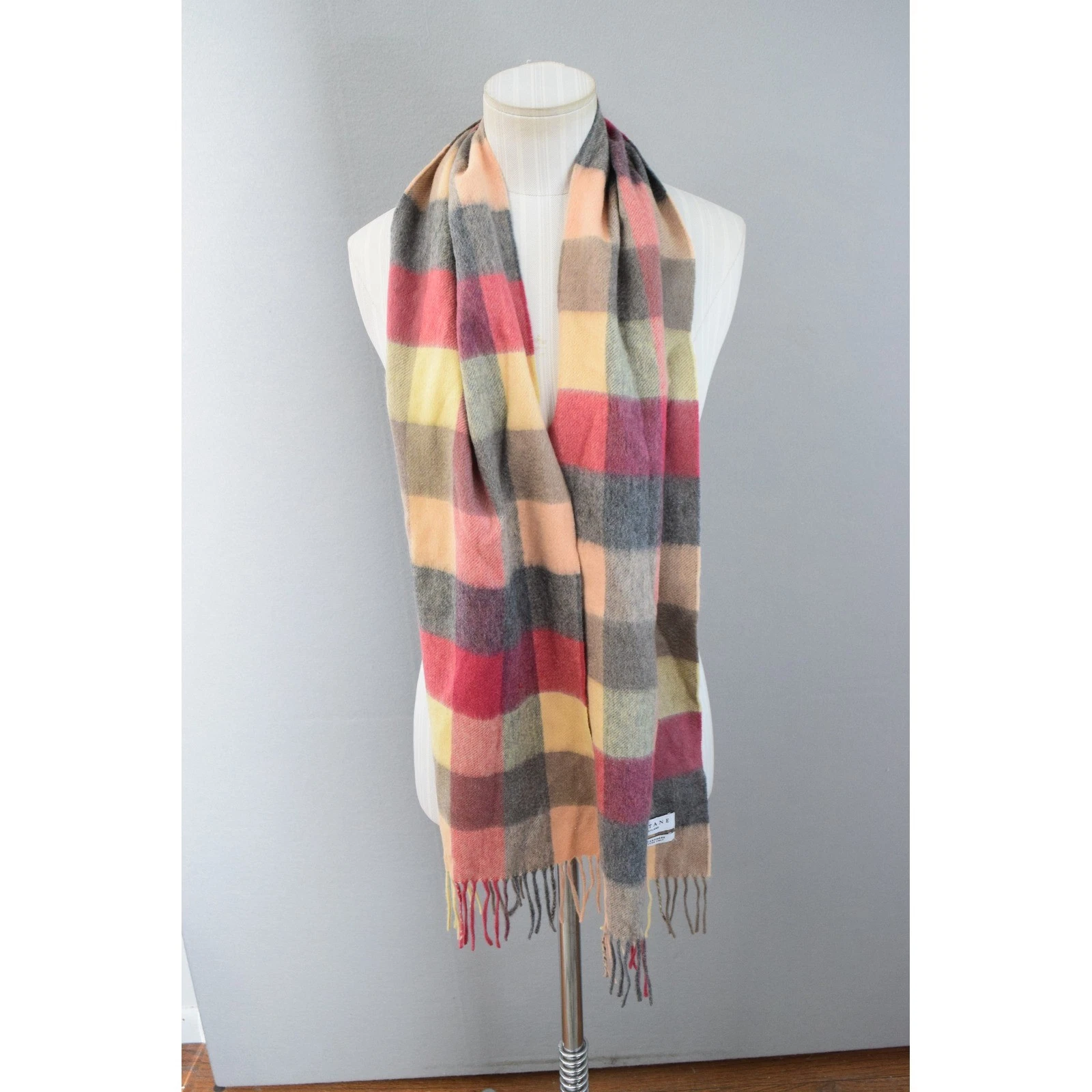 Kiltane Scotland 100% Cashmere Scarf Multi Color Check Plaid Fringed UK 62 X 10"