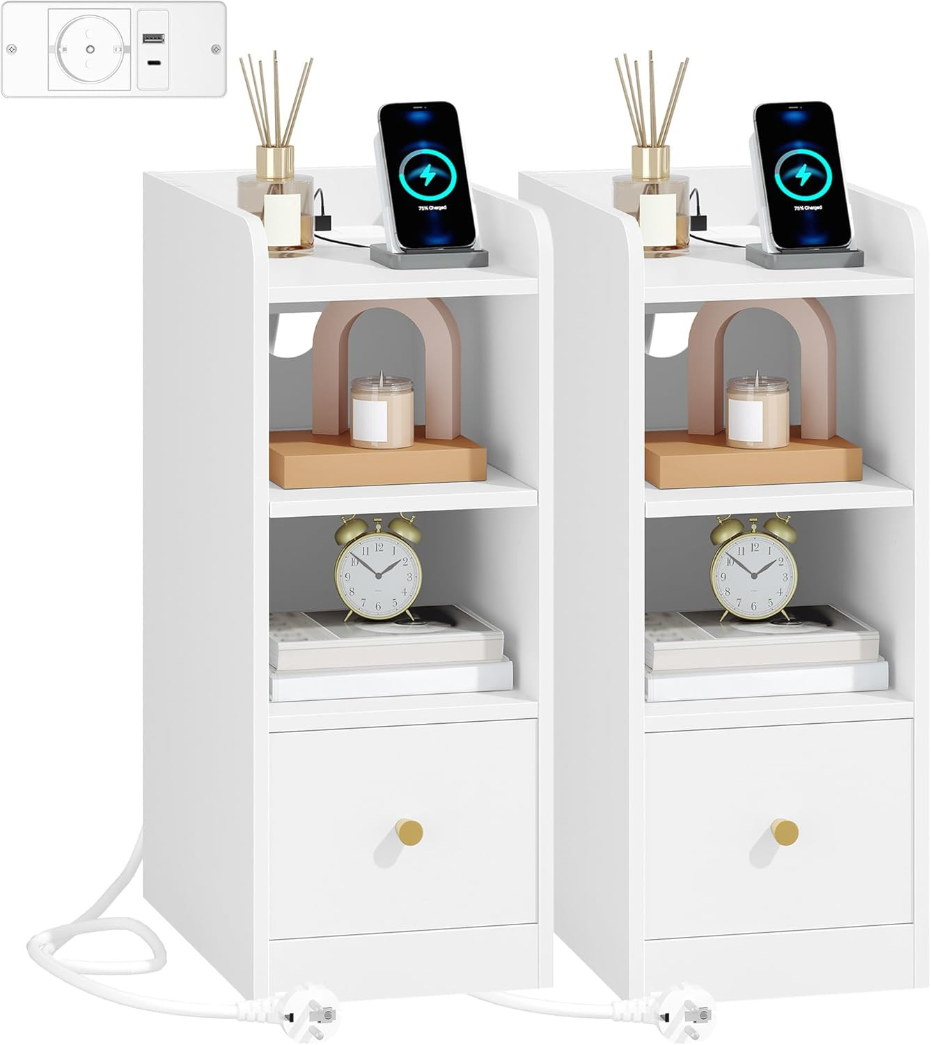 Coppia di Comodini Vintage con Prese USB e Tipo C | Arredo Notte - 1