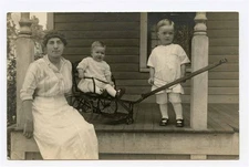 Mother & Child in an Unusual Stroller / Wagon  Real Photo Postcard