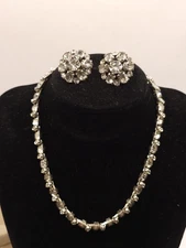 Vintage SIlvertone Clear Rhinestone Screw On Earrings Czech w Necklace  & Box
