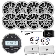 JBL Marine AM/FM Radio, 8x 6.5" Speaker, 2x Amp w/Kit, Splitter, Antenna White