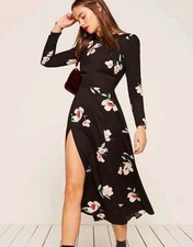 Reformation Long Sleeve Midi Dress Black Floral Sz 10 Lightweight Cut Out Back