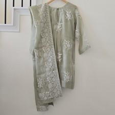 NEW 3 Pc Stitched Salwar Sz M Kurta Set Green Embroidered Straight Ethnic Wear