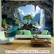 1pc Cave Waterfall Backdrop - Realistic Mountain Cave Waterfall Landscape with T
