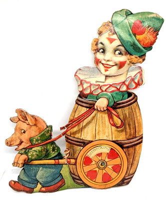RAR Vintage antike deutsche mechanische Clown Schwein Valentinstag Grußkarte EB10884