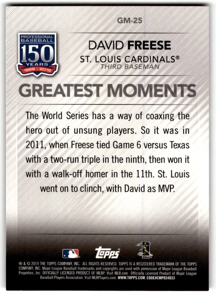 2019 Topps 150 Years of Professional Baseball - Greatest Moments David Freese - Image 2 of 2