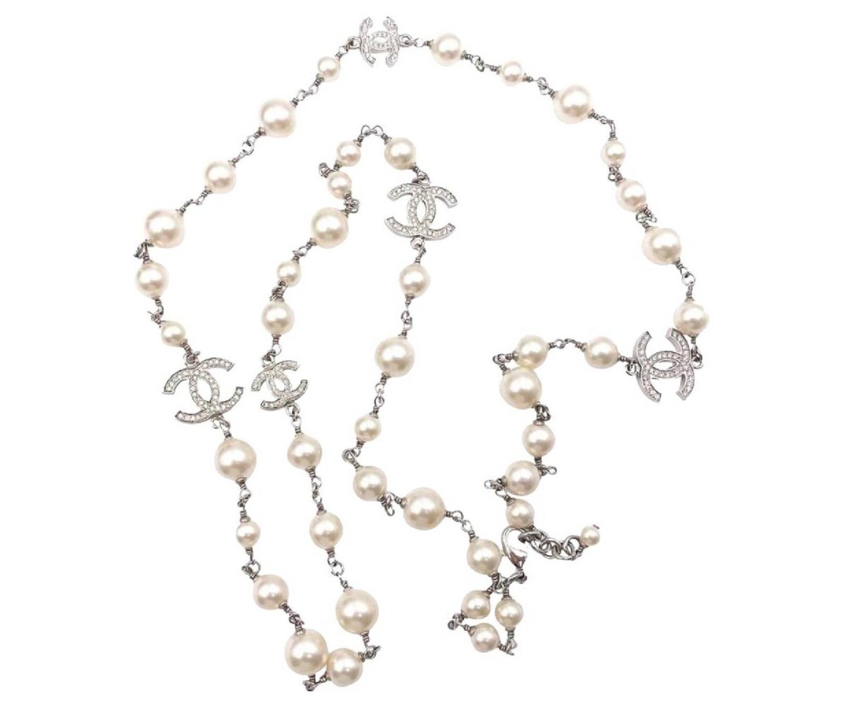 Chanel Silver CC Crystal Faux Pearl Long Necklace
