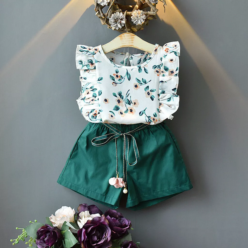 Summer Kids Girls Floral Outfits Clothes Ruffled T shirt Tops