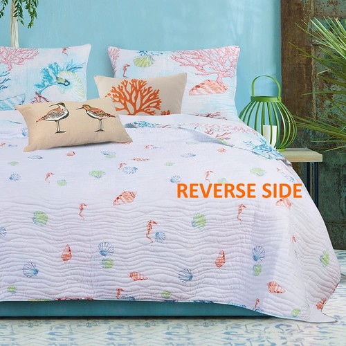 SARASOTA BLUE SEA SHELL 3pc Full Queen QUILT SET : COASTAL BEACH OCEAN SEAHORSE - Picture 5 of 5