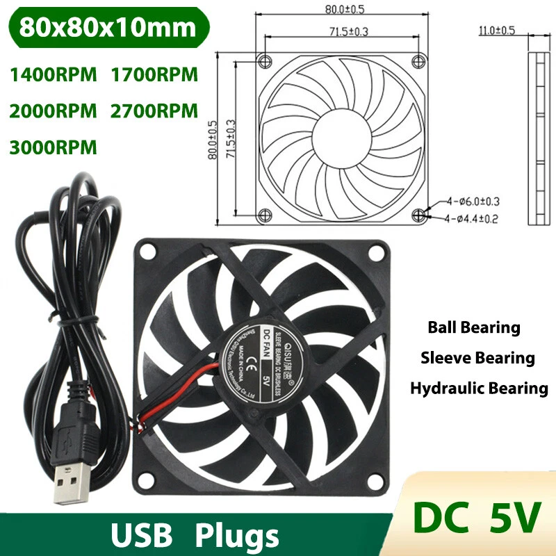 8010 Cooling Fan DC 5V Mini Silent Brushless Fans USB Plugs 80x80x10mm - Image 3 of 4