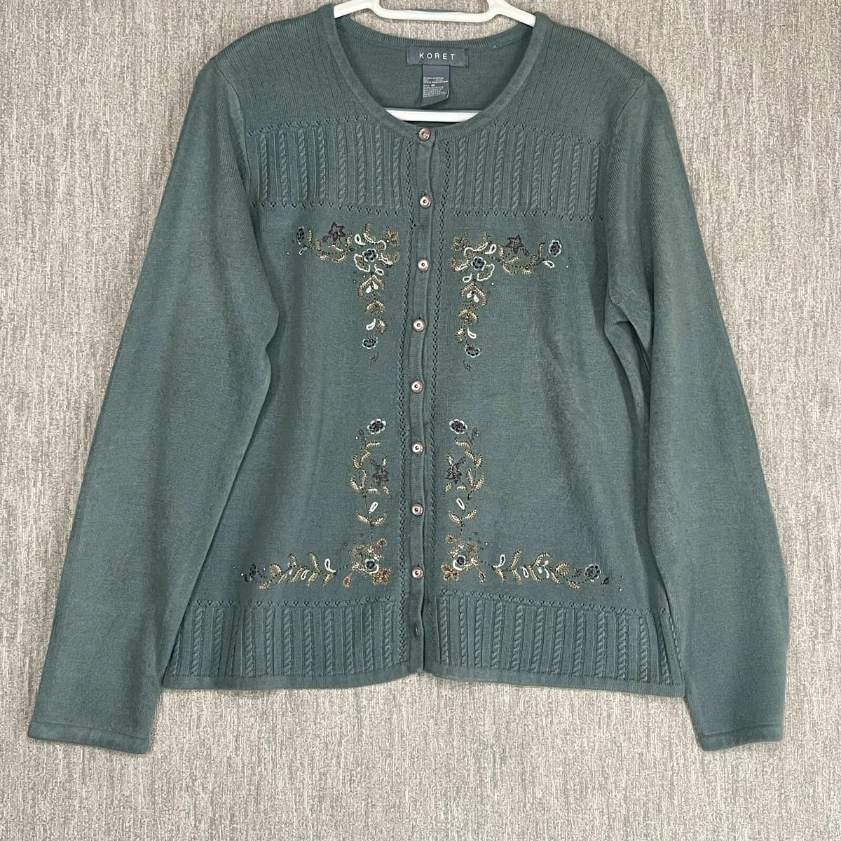 Koret Women s Cardigan Medium Green Sweater Button Front Floral