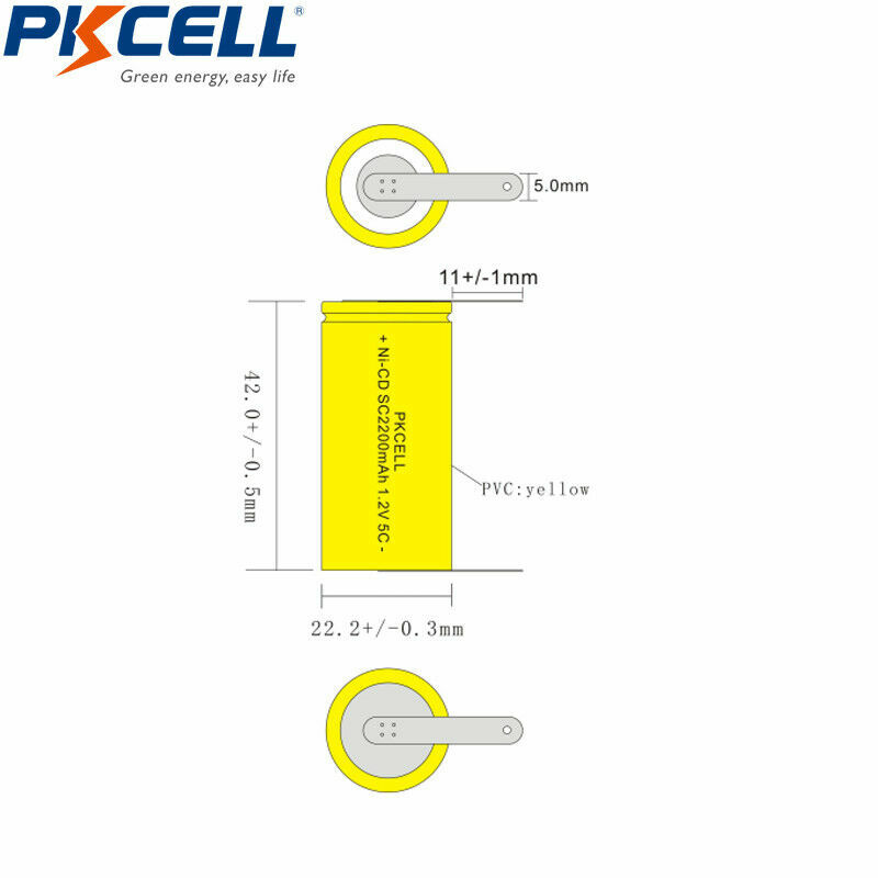 High Drain Sub C 1.2V 2200mAh Ni-CD Rechargeable Battery Flat Top with Tabs 2pcs