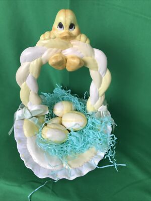 Vintage Hand Painted Ceramic Pastel Baby Duckie  quilted  Easter Basket Eggs
