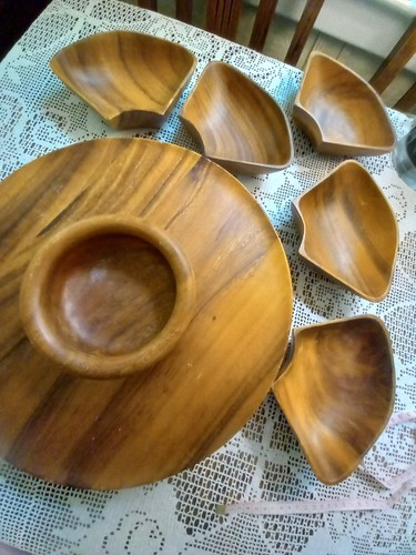 Teak Wood Lazy Susan 7 Piece Set Removable Serving Dishes 13.5 Inch Vintage - Picture 6 of 6