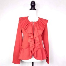 Fever Bright Red Orange Ruffle Front Full Zip Long Sleeve Jacket Size Medium