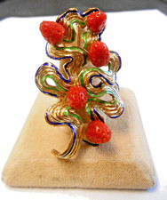 14K Yellow Gold Green & Blue Enamel Estate Brooch Coral Carved Strawberries