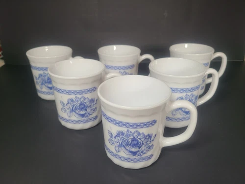 Arcopal France - Set Of 6 - Milk Glass Cups Mugs White & Blue Floral - Vintage