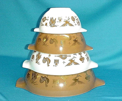 Vintage Pyrex American Heritage Brown White Gold Cinderella Nesting Bowl Set 4