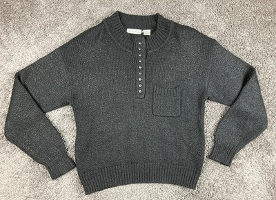 Vintage F&E Design Sweater Mens Black Acrylic Knit Henley Button Front Pocket XL