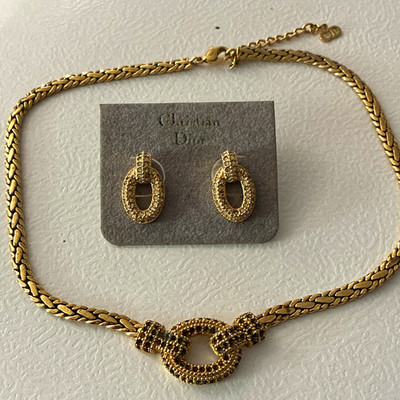 Vintage Christian Dior Pave Crystal Link Necklace & Earring Set Gold Tone As Is