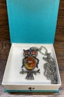 Owl Pendant Necklace Orange Stone Silver Tone Costume Jewelry Vintage Style
