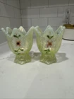 Fenton Hand Painted Votive Candle Holder WB Tulip Opalescent Vaseline glass Pair