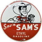 VINTAGE SAV'N SAM'S GASOLINE PORCELAIN SIGN ETHYL GAS STATION MOTOR OIL PUMP