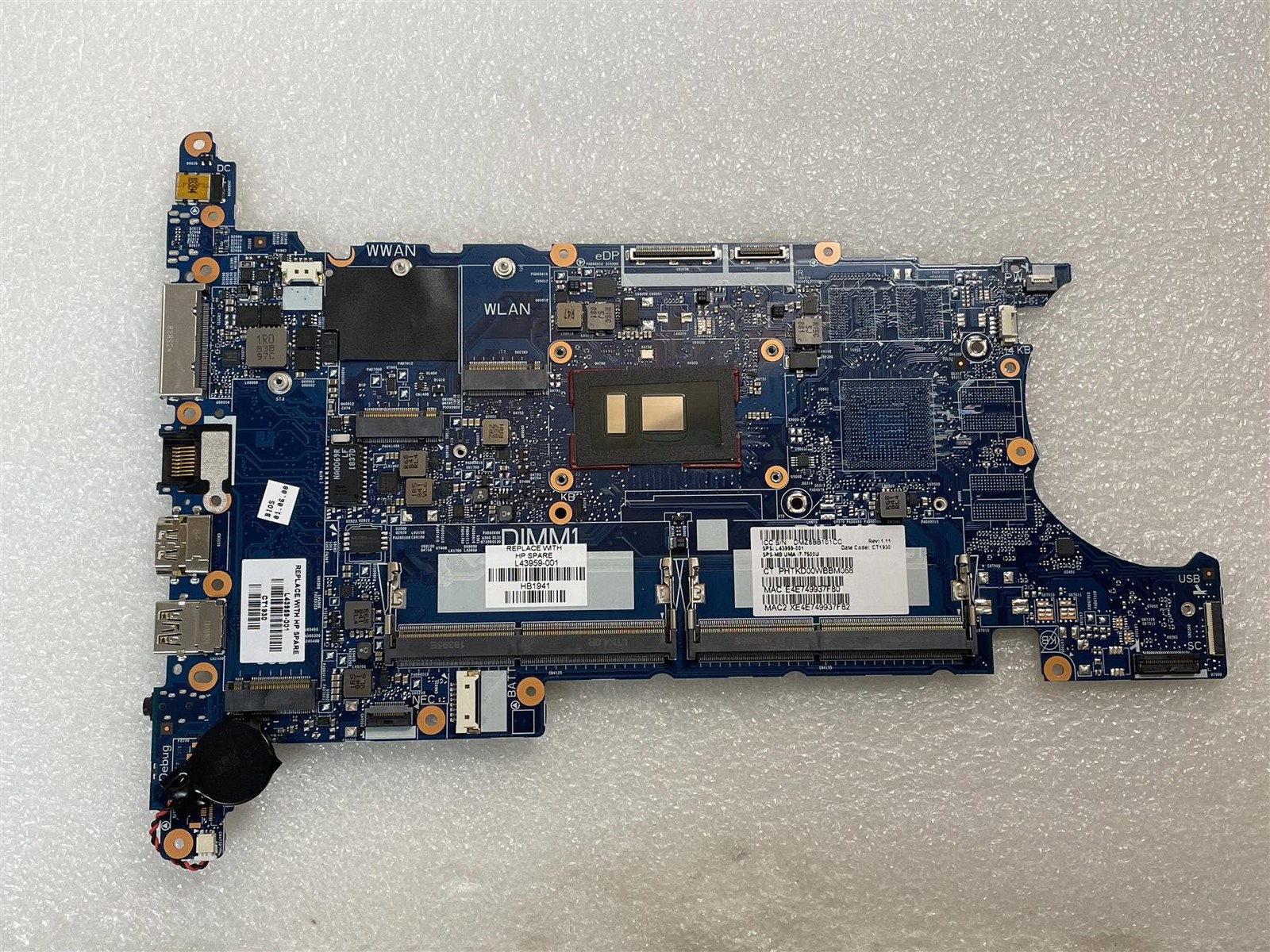 for HP ZBook 14u G5 Mobile Workstation Motherboard L43959-001 Intel i7-7500U UMA