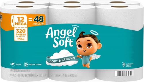 Angel Soft Toilet Paper: 12 Mega Rolls = 48 Regular, Soft & Strong Tissue