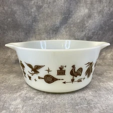 Pyrex 2 Qt Casserole Dish Early American Eagle Rooster White and Brown W /O Lid