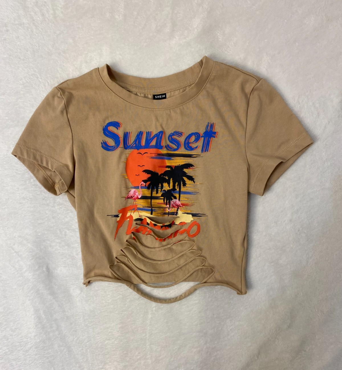 Shein Sunset Flamingo Distressed Crop Top Size XS Tan Beach Coastal Skater Surf