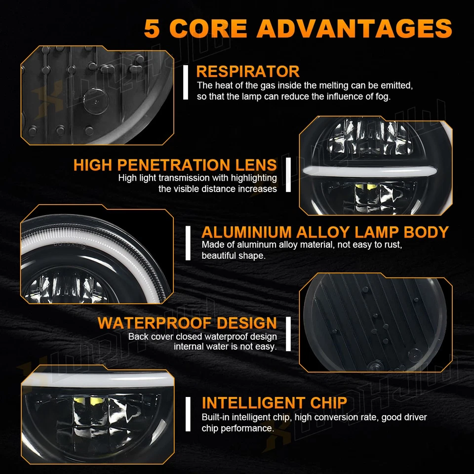 New Pair 7" inch Round LED Headlights Hi Lo Beam For Jeep CJ5 1959-1982 1983 - Изображение 3 из 4