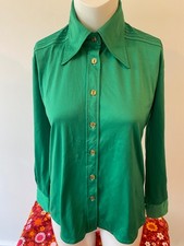 VINTAGE Damen 70er Jahre grün Seide Feel Knopf Langarm Hemd 34-36"