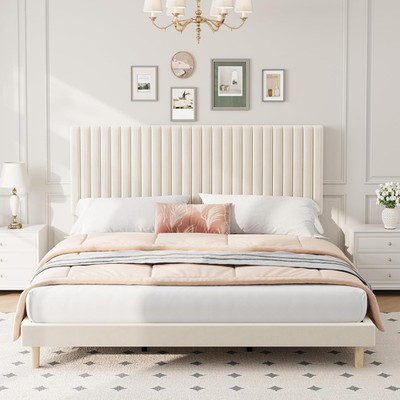 Velvet Upholstered King Bed Frame with Adjustable Headboard - Beige
