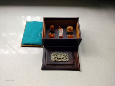 A Set of five soapstone old seals with original boxes