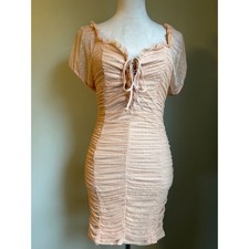 Ballet pink Dot Ruched Mesh Lace Up Mini Dress M Y2K fairy boho Coquette cottage