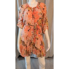MINKPINK Thalia Boho Floral Puff Sleeve Tie Waist Ruffle Mini Dress Orange Sz S
