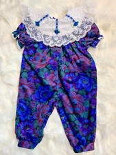 Vintage Floral Jumper Bibbed Lace Velvet Cottagecore 12 Months Blue Purple Red