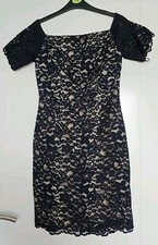 WAREHOUSE NAVY BLUE NUDE FLORAL LACE OVERLAY OFF SHOULDER PENCIL EVENING DRESS 6