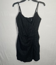 Forever 21 Women Sz Small Mini Dress Black Ruched V-Neck Spaghetti Strap Pencil