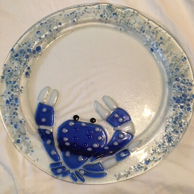 RARE VTG Mud Pie Blue Crab 14  Clear and Blue Fuse ￼Glass Coastal Nautical Decor