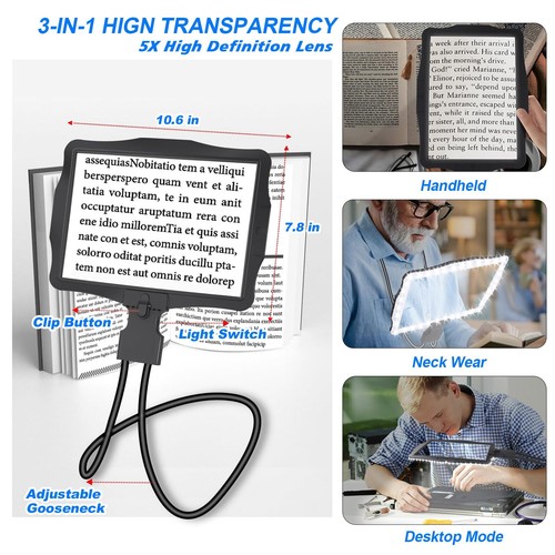 5X Large Hands-Free Magnifying Glass for Reading Full Page Magnifier with Lights - Picture 2 of 7