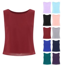 UK Women Solid Color Chiffon Tank Top Round Neck Sleeveless Camisole Dressy Tops