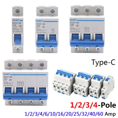 Circuit Breakers 1/2/3/4/6/10/16/20/25/32/40/60 Amp MCB Type C 6kA 1/2/3/4-Poles